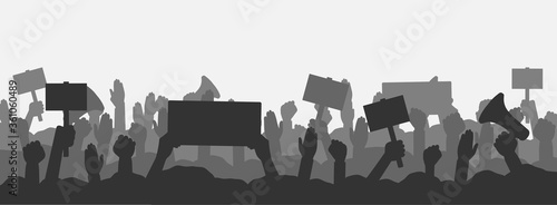 Crowd of people protesters. Silhouettes of protesting people with banners, megaphones and raised up hands and fist. Concept of fight for your rights, revolution or protest. Vector illustration.