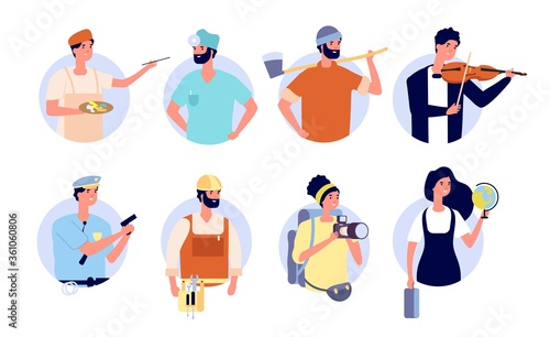 Professional avatars. Different profession people with work tools and equipment. Woman man teacher, doctor builder policeman vector set. Avatar worker in uniform, occupation labor illustration
