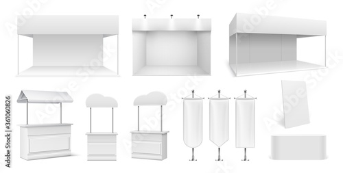 Realistic promo stands. Empty tents, white panels and display. Showroom or street market stalls. 3D promotional expo flags mockup vector set. Illustration promo empty counter, portable mock up