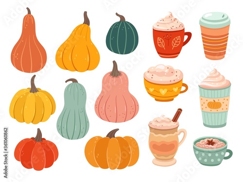 Pumpkin season. Creative simple pumpkins, ripe variety nature objects. Spice latte tasty coffee, hot drink or dessert vector illustration. Drink mug, beverage seasonal, pumpkin dessert collection