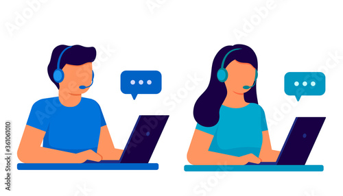 Customer service representative. Man and woman operator call center with headphones and microphone with laptop. Support, call center, hot line, help, consultation. Vector flat