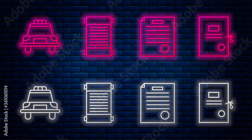 Set line Decree, paper, parchment, scroll, The arrest warrant, Police car and flasher and Lawsuit paper. Glowing neon icon on brick wall. Vector.