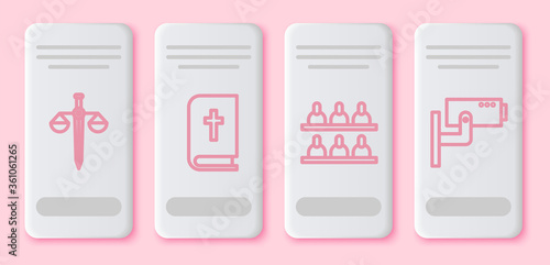 Set line Scales of justice, Holy bible book, Jurors and Security camera. White rectangle button. Vector.
