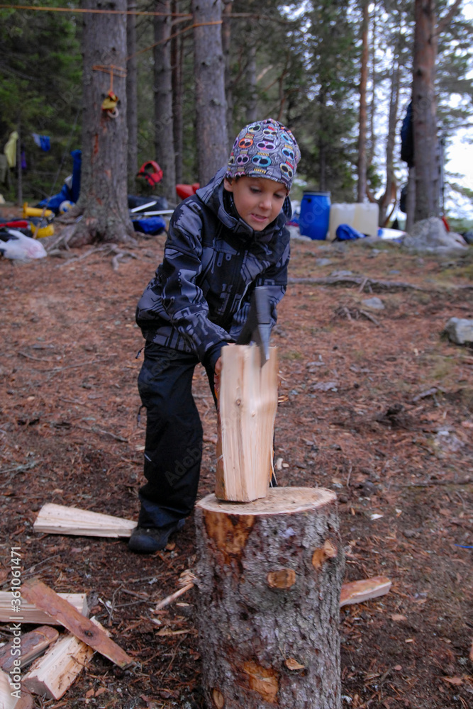 Fototapeta premium Boy chopping wood in the forest. Outdoor travel. Republic of Karelia, Russia.