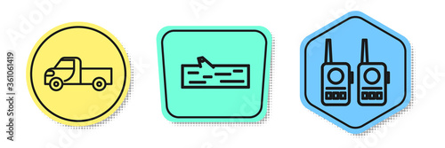 Set line Pickup truck, Wooden log and Walkie talkie. Colored shapes. Vector.