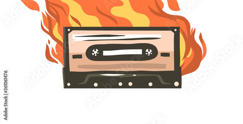 Hand drawn vector abstract stock flat graphic illustration with burning retro casette for media player drawing isolated on white color background