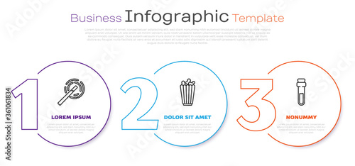 Set line Magic wand, Popcorn in box and Bottle with love potion. Business infographic template. Vector.