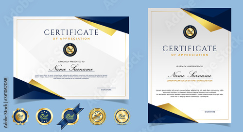 Certificate of appreciation template, gold and blue color. Clean modern certificate with gold badge. Certificate border template with luxury and modern line pattern. Diploma vector template photo