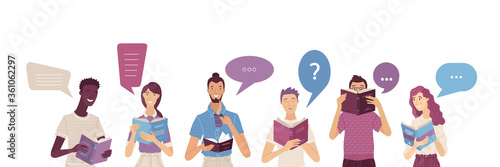 People reading books composition in cartoon style