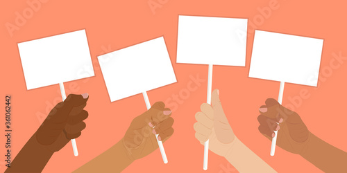 Hands of people of different race and nationality holding blank protest banners. Banners with place for your text. Multicultural community. Vector illustration