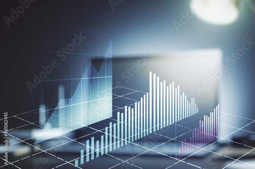 Abstract creative financial graph on modern laptop background, forex and investment concept. Multiexposure