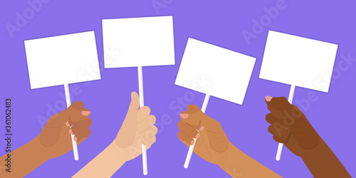 Hands of people of different race and nationality holding blank protest banners. Banners with place for your text. Multicultural community. Vector illustration