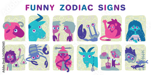 Funny zodiac signs. Set. Colorful vector illustration of all zodiac signs in hand-drawn sketch style isolated on white background. Zodiacal characters. Collection. Print design, prediction, horoscope.
