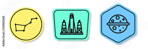 Set line Great Bear constellation, Rocket launch from the spaceport and Planet Venus. Colored shapes. Vector.