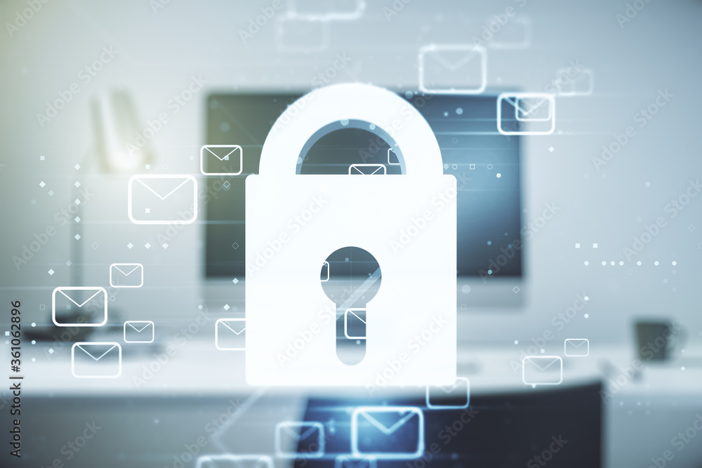 Fototapeta premium Creative concept with lock symbol and postal envelopes illustration on modern laptop background. Protection and firewall concept. Multiexposure
