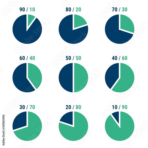 Pie chart percentage set. Pie graph diagram, circle round chart.