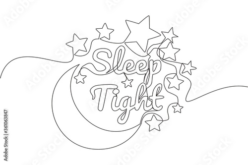 One continuous line drawing of motivational and inspirational lettering typography quote - Sleep Tight. Calligraphic design for print, card, banner, poster. Single line draw design illustration
