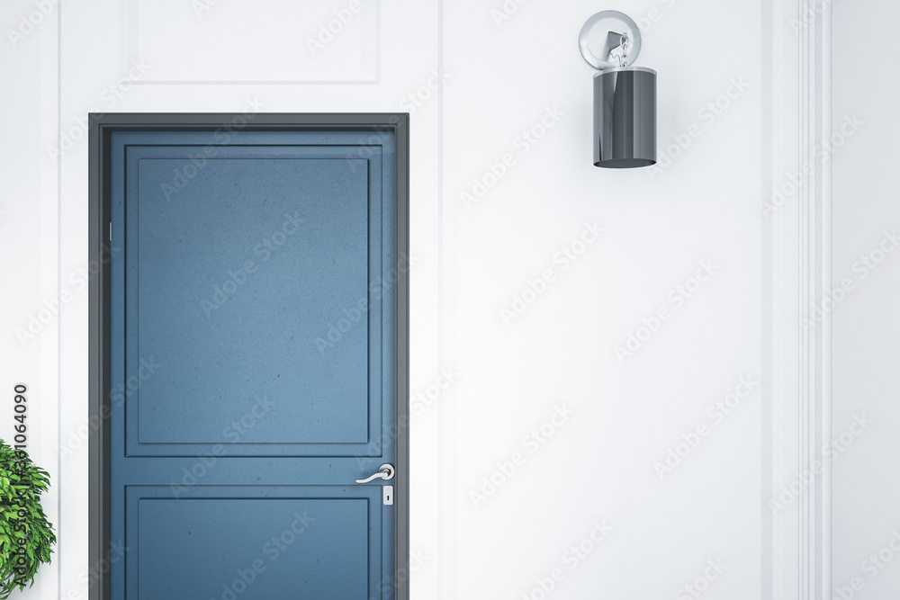 Modern home interior with blue door with blank wall. Modern home interior with blue door with blank wall.