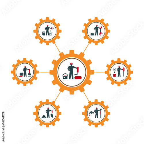 A set of vector illustrations of icons for repair, installation and maintenance of apartments and residential premises, finishing, painting, plumbing and other construction works
