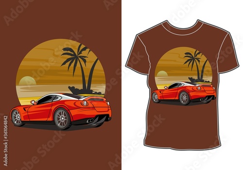 summer vacation, the car is parked on the seafront with a sunset view and coconut trees, t shirt design