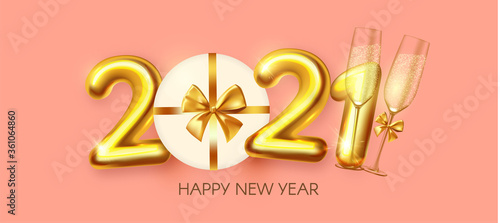 Happy New 2021 Year Party poster template with 3D realistic text, champagne glasses and gift box. Festive design. Christmas flyer template.
