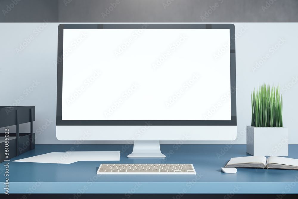 Side view computer with blank white screen. Side view computer with blank white screen.