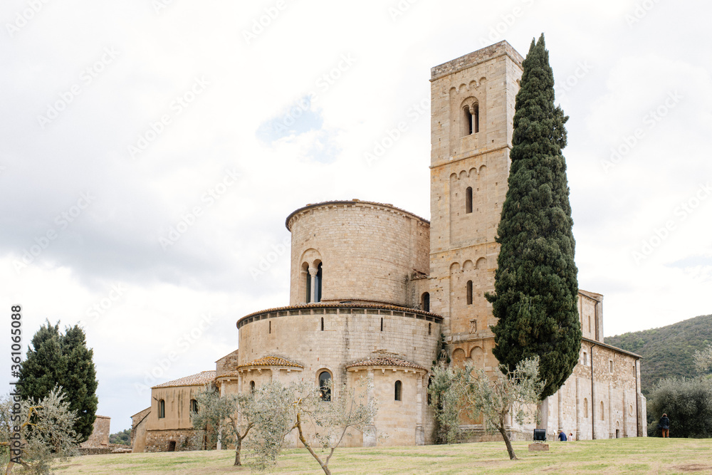Ancient medieval magnificent abbey of San Antimo in picturesque Tuscany