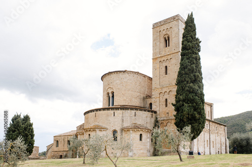 Ancient medieval magnificent abbey of San Antimo in picturesque Tuscany