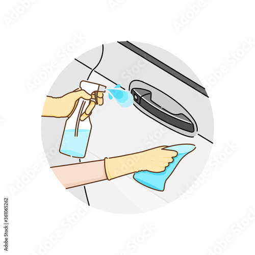 Cleaning the door handles of car with alcohol spray and fabric for prevent infection of Covid-19 virus. Vector illustration