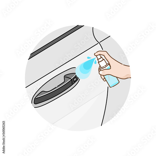 Cleaning the door handles of car with alcohol spray for prevent infection of Covid-19 virus. Vector illustration
