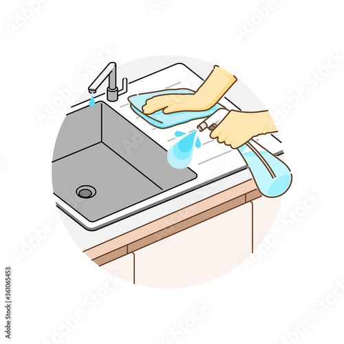 Cleaning the sink with alcohol spray and fabric for prevent infection of Covid-19 virus. Vector illustration