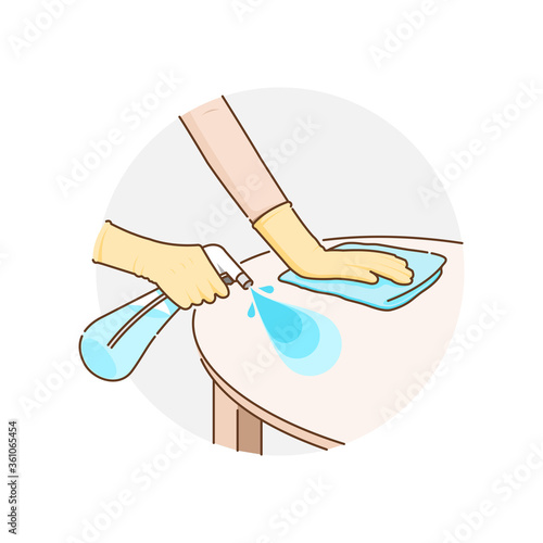 Cleaning surface of the table with alcohol spray and fabric for prevent infection of Covid-19 virus. Vector illustration
