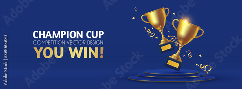 Foto Realistic golden champion cup with circle podium