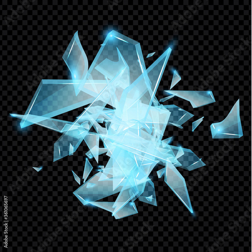 Realistic transparent shards of broken glass. Blue golssy glass pieses. Crash background.