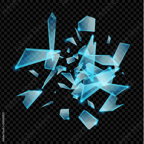 Realistic transparent shards of broken glass. Blue golssy glass pieses. Crash background.