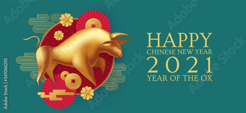 Happy Chinese new Year 2021 The year of the metal ox. Chinese traditional text means year of the ox . Holiday greetings with realistic 3D metal golden ox character.