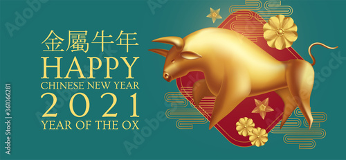 Happy Chinese new Year 2021 The year of the metal ox. Chinese traditional text means year of the ox . Holiday greetings with realistic 3D metal golden ox character.