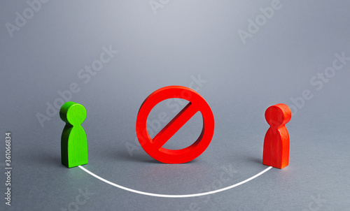 Obraz na płótnie Two people figures are connected bypassing red prohibition sign NO