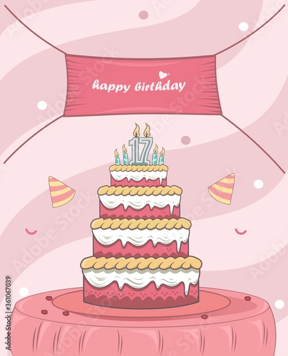happy birthday with hat  birthday cake in the table candle poster  flat design