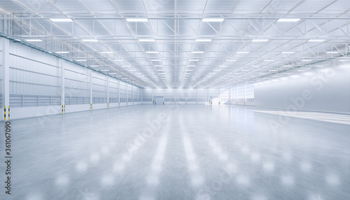 Hangar or industrial building inside. Safety and protection with automatic sliding door. Modern interior design with concrete floor, steel wall and empty space for industry background. 3d render.