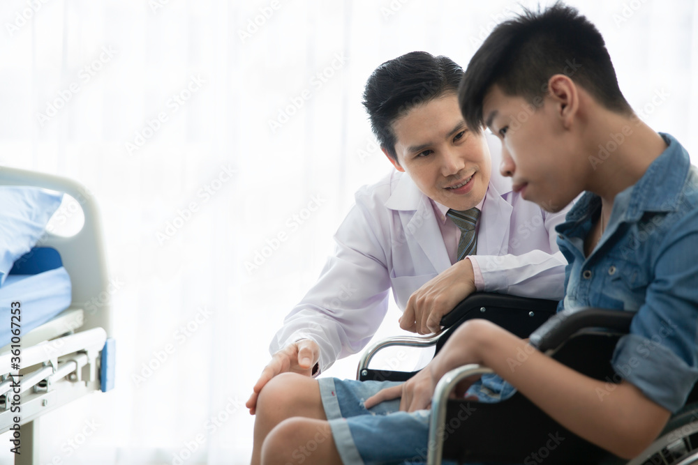 Asian doctor checkup  disability wheel chair patient  person