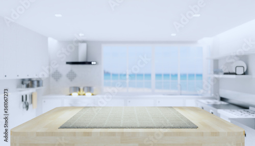 kitchen interior background with counter or table. Decoration top surface by wood texture and tablecloth. Include blur window, cooker hood and empty space for mockup or product display. 3d render. © DifferR