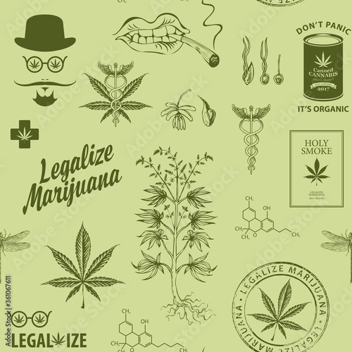 Legalize marijuana. Seamless pattern in retro style with hemp leaves, hipster face, cannabis plant and other sketches. Vector repeatable hand-drawn illustration on a light green background