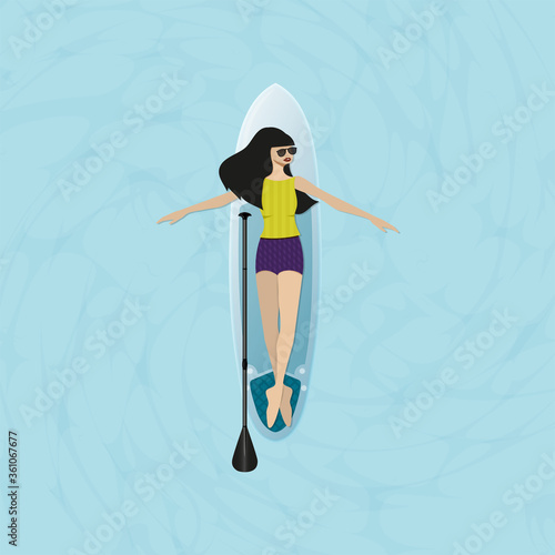 Cute girl is lying on sup board next to paddle on lake or sea. Vacation at seaside resort. vector illustration.