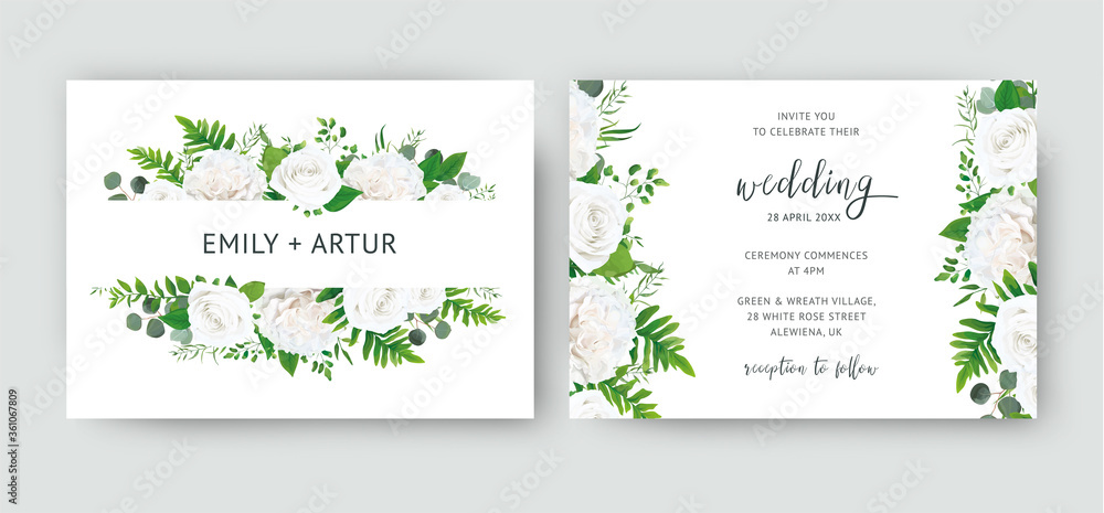 Wedding invite, invitation card floral design with white peony roses, ivory rose flower, greenery forest maidenhair fern & eucalyptus branches elegant frame, border. Romantic, natural, botany template