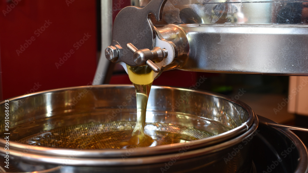 Honiggewinnung, Honig von Honigbienen rinnt aus der Honigschleuder durch das Sieb zum Entfernen von Wachsbestandteilen, Honigernte im Sommer Honiggewinnung, Honig von Honigbienen rinnt aus der Honigschleuder durch das Sieb zum Entfernen von Wachsbestandteilen, Honigernte im Sommer