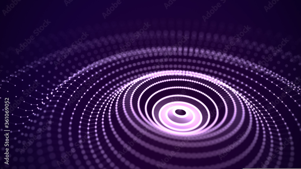 Obraz premium Music and sound splash with ripples. Flowing round round wave with dots. 3d rendering.