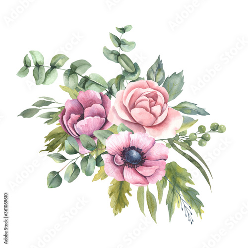 Watercolor floral illustration - bouquet with bright pink vivid flowers, anemones, green leaves for wedding stationary, greetings, wallpapers, fashion, backgrounds.