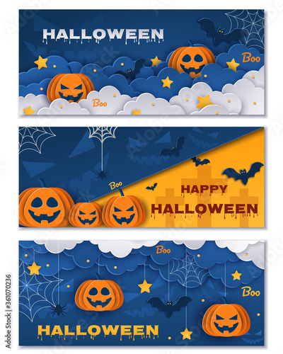 Set Halloween classic blue backgrounds with pumpkins and bats in paper style, 3D