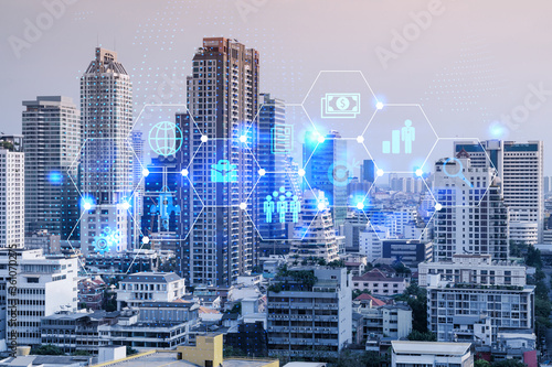 Photography Research and development hologram over panorama city view of Bangkok, hub of new technologies to optimize business in Asia